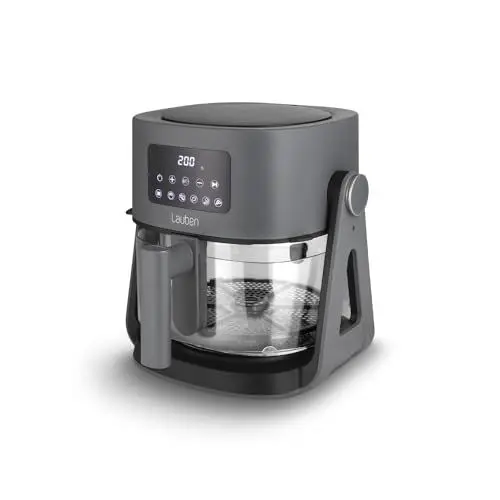Produktbild: Lauben Glass&Grill Air Fryer 3in15500BG Heißluftfritteuse mit Inhalt 4,2l, Frittierkorb aus Glas, 6 Programme + Manuelles Einstellen, 3in1 - kann als Grill und Bratpfanne verwendet werden, PFOA free