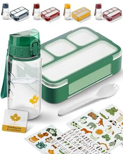 Produktbild: LAUBGOLD® Brotdose Kinder mit Fächern & Trinkflasche Kinder mit Stickern | BPA-freies Kita Set | Leichte Trinkflasche Kinder 350ml auslaufsicher u. Kohlensäure geeignet | 530ml Lunchbox mit 4 Fächern