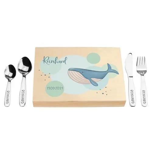 Produktbild: LAUBLUST Kinderbesteck mit Namensgravur - Wal Motiv UV-Druck & Geschenkbox natur | Besteck mit Namen - Geschenk zur Taufe für Kinder - Taufgeschenke für Jungen & Mädchen | Edelstahl - inkl. Holzkiste