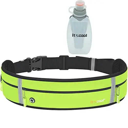Produktbild: Laufgürtel für Handy, Itscool Handytasche Joggen mit Wasserflasche Sportgürtel, Schlank Aussehen Aber hohe Kapazität für 3 Handys, Langlebig Wasserdicht (Grün&Flasche)