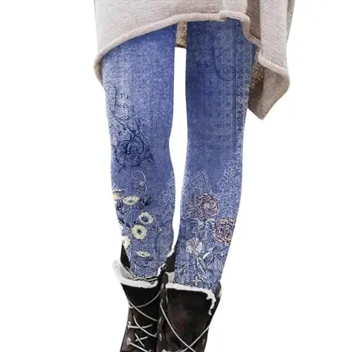 Produktbild: Laufhose Damen Winter Thermoleggings Damen Winter Slim Retro Bedruckte Unterhose Und Winter Innen Bequeme Freizeithose Damen Unterhose Leggings High Waist Damen Thermojeggins Für Damen (Blue, S)