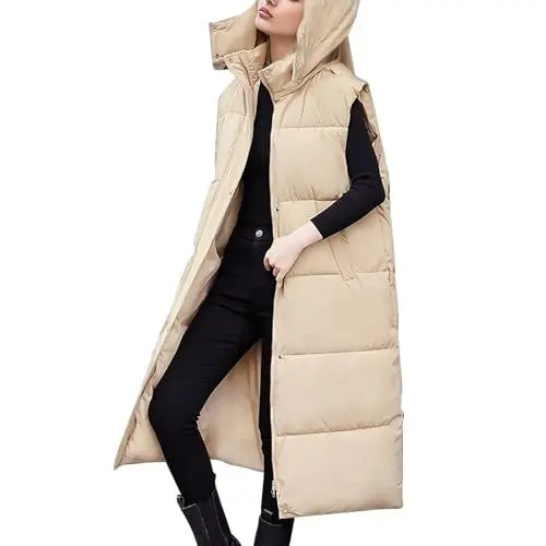Produktbild: Laufjacke Regen Damen Einfarbige, lockere, ärmellose Daunenjacke für Damen mit Kapuze und doppelten großen Taschen Parka Damen übergang Dünne Regenjacke Damen 𝗟ang (Khaki, XXL)