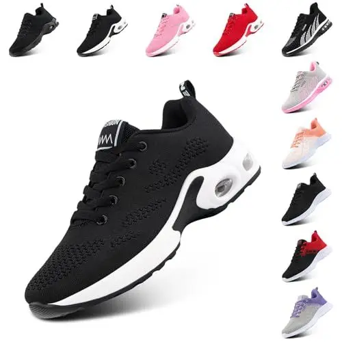 Produktbild: Hitmars Laufschuhe Damen Sportschuhe Turnschuhe Atmungsaktiv Luftpolster rutschfeste Leichtgewichts Straßenlaufschuhe Sneaker Joggingschuhe Walkingschuhe Fitness Schuhe Schwarz EU 39