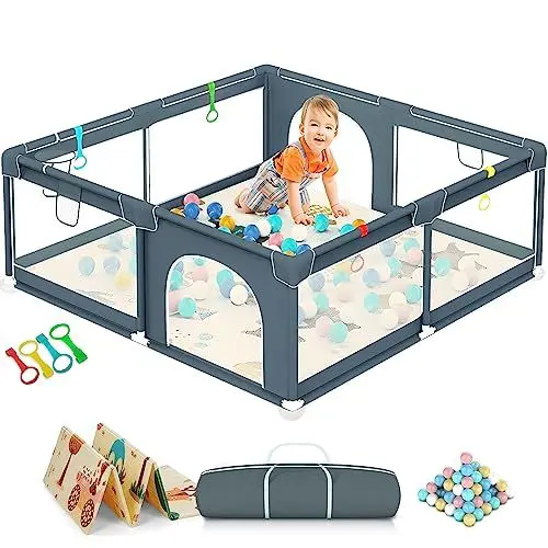 Produktbild: Laufstall Baby mit Matratze 180x150 cm, Laufgitter Baby mit 50 Bällebad, 4x Griffe, Reißverschlusstür, Korbnetz und atmungsaktivem Netz, Extra großer Kinder Laufstall mit Aufbewahrungstasche