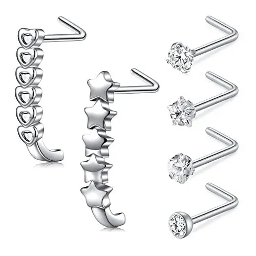 Produktbild: LAURITAMI 20G Push in Nasenpiercing Stecker L-förmig Gewindelos Edelstahl Silber CZ Diamant Kristall Stern Herz Nostril Piercing