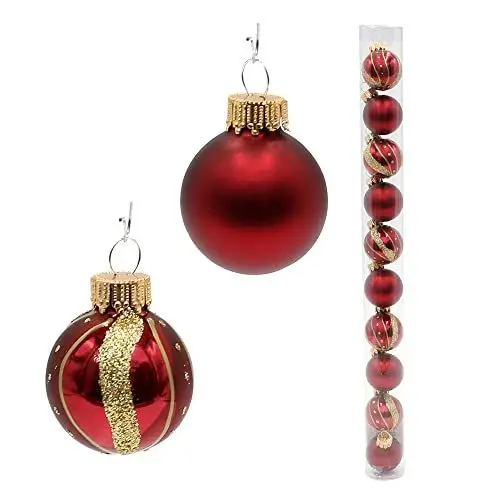 Produktbild: Lauschaer Christbaumschmuck - 10er Set Minikugeln in Bordeaux und Gold, verschiedenen Designs, Uni und dekoriert, mit Goldkrönchen, Größe Ø ca. 3 cm
