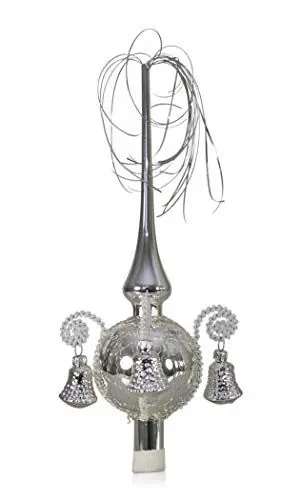 Produktbild: Lauschaer Glas Weihnachtsbaumspitze mit Formglöckchen Silber, umsponnen L ca. 28cm d(Kugel) 7cm Christbaumschmuckspitze mundgeblasen,handdekoriert,Leonischer Draht