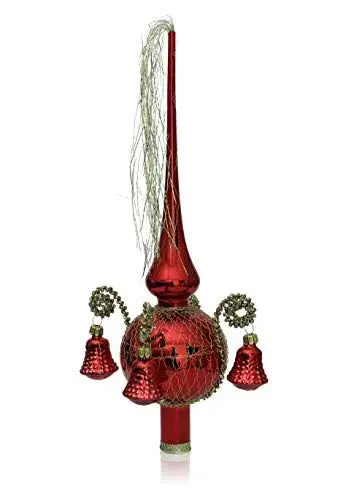 Produktbild: Lauschaer Glas Weihnachtsbaumspitze mit Formglöckchen rot Glanz, umsponnen L ca. 28cm d(Kugel) 7cm Christbaumschmuckspitze mundgeblasen,handdekoriert,Leonischer Draht