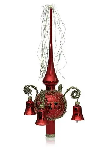 Produktbild: Lauschaer Glas Weihnachtsbaumspitze mit Glöckchen rot Glanz, umsponnen L ca. 28cm d(Kugel) 7cm Christbaumschmuckspitze mundgeblasen,handdekoriert,Leonischer Draht