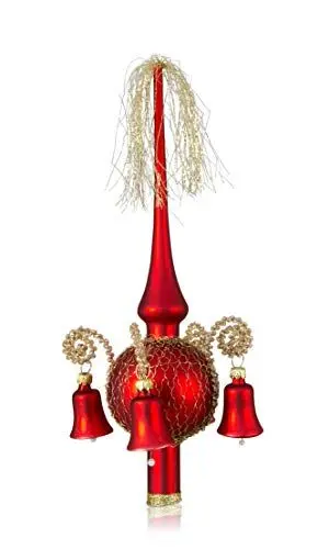 Produktbild: Lauschaer Glas Weihnachtsbaumspitze mit Glöckchen rot matt, umsponnen L ca. 28cm d(Kugel) 7cm Christbaumschmuckspitze mundgeblasen,handdekoriert,Leonischer Draht