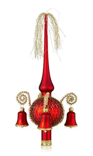 Produktbild: Lauschaer Glas Weihnachtsbaumspitze mit dekorierten Glöckchen rot matt, umsponnen L ca. 28cm d(Kugel) 7cm Christbaumschmuckspitze mundgeblasen,handdekoriert,Leonischer Draht