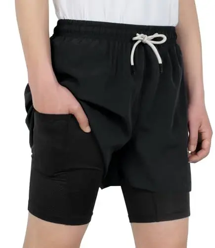 Produktbild: LAUSONS Jungen Shorts 2 in 1 Laufshorts Kurze Hose Kinder Sporthose Kurz Schnelltrocknend Trainingsshorts mit Taschen Schwarz DE: 134-140 (Herstellergröße 140)