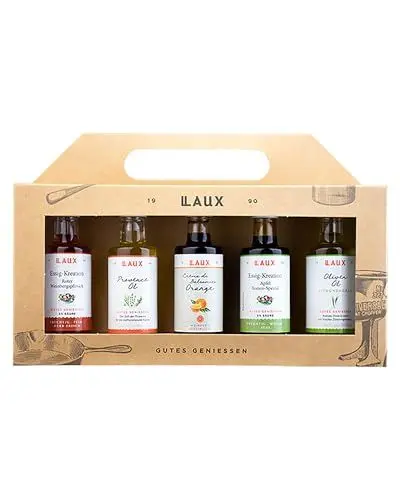 Produktbild: LAUX Essig Öl Geschenkbox – 5er Set mit Provence-Öl, Olivenöl, Essig & Crema di Balsamico – Feinkost Geschenk zu Muttertag & Vatertag – Für Salate & Herzhaftes – Geschenkset für Sie & Ihn (5x40ml)