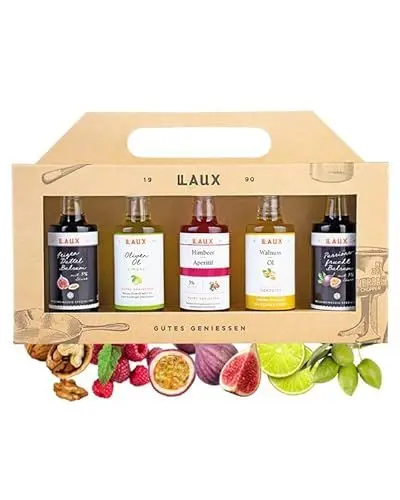 Produktbild: LAUX Essig & Öl Geschenkset – 5x40ml Feinkost mit Olivenöl, Walnussöl & Balsamico – Gourmet Geschenkbox für Feinschmecker & Genießer – Delikatessen Set für Salate & mehr