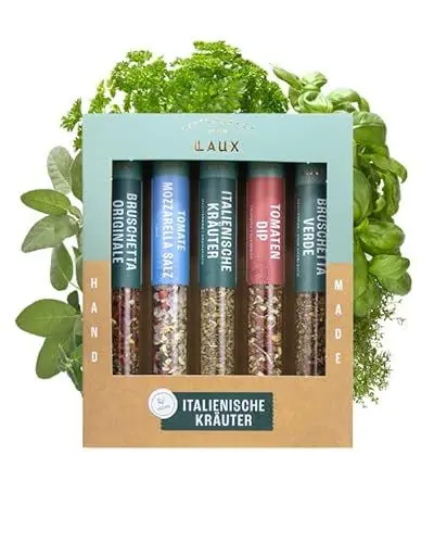 Produktbild: Laux Italienische Kräuter Geschenkbox - 5 Erlese Gewürze Set - Hochwertiges Pasta, Pizza & Grill Zubehör - Ausgefallene Geschenke für Männer & Frauen