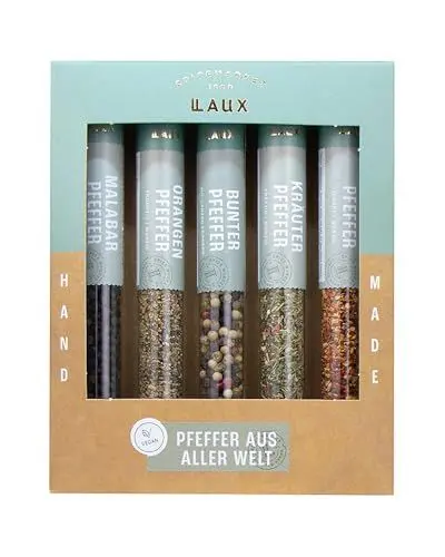 Produktbild: Laux Pfeffer Aus Aller Welt Geschenkbox - 5 Erlesene Gewürze Set - Hochwertiges Salat & Grill Zubehör - Ausgefallene Geschenke für Männer & Frauen