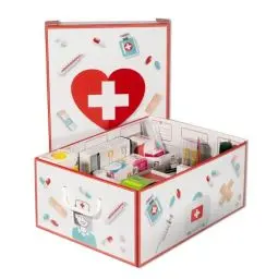 Produktbild: Lavatelli PHARMA ORGANIZER, Medikamentenbox mit Teilern, Hausapotheke box karton für Medikamente, 32x42x17,5 cm, Apothekenbox + Erste-Hilfe-Kasten + 4 Pharma-Karten, Weiß