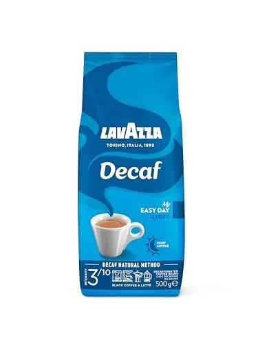 Produktbild: Lavazza, Decaf „My Easy Day“, Entkoffeinierte Kaffeebohnen, Ideal für schwarzen Kaffee & Latte, mit Aromanoten von Honig, 100% Arabica, Intensität 3/10, Mittlerer Röstgrad, 500 g