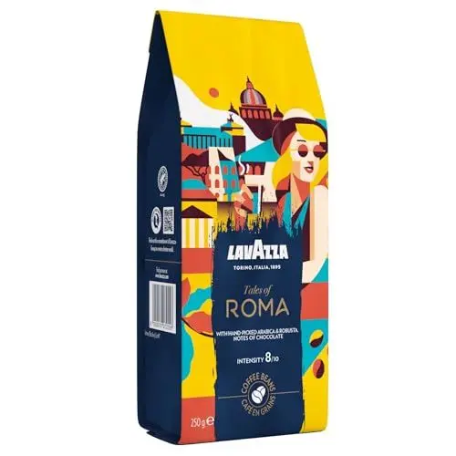 Produktbild: Lavazza, Tales of Roma, Kaffeebohnen, Ideal für Espresso-Kaffeemaschinen, mit Aroma Noten von Haselnuss & Dunkler Schokolade, Arabica und Robusta, Intensität 8/10, Mittel Röstgrad, 250 g