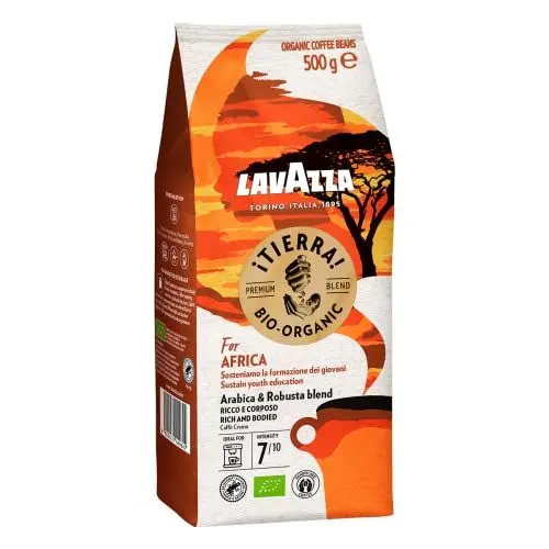 Produktbild: Lavazza, Tierra For Africa, Kaffeebohnen, Ideal für Espresso-Maschinen, Aromanoten von Schokolade & Getrockneten Früchten, Bio-Arabica & Robusta, Intensität 7/10, Mittlere Röstung, 500 g Packung