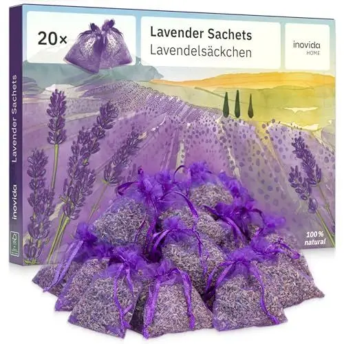 Produktbild: Lavendel Duftsäckchen Kleiderschrank: 20x Echter Lavendel getrocknet – Mottenschutz für Kleiderschrank – Duft für Kleiderschrank – Auto Duft und Raumduft – Schrank Duft – Inovida Lavendelsäckchen