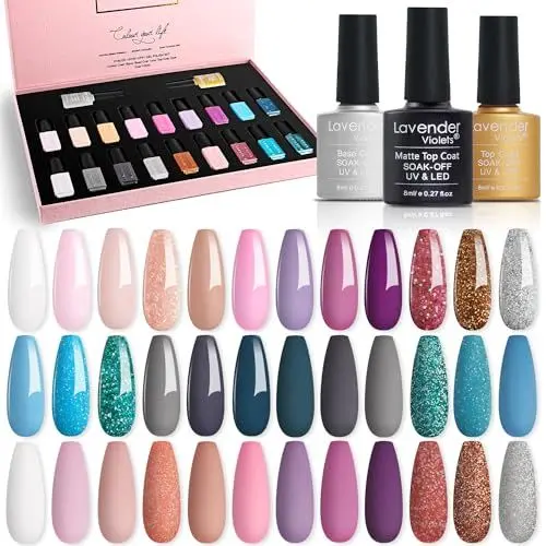 Produktbild: Lavender Violets 21 Stück Gel-Nagellack-Set Lila Grau Grün French Nail Nude UV LED Soak Off Base,Matte,Top Coat Nägel Soak Off Band Rosa glitzernde Der Geschmack der Liebe Geschenkbox F984