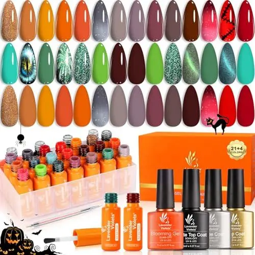 Produktbild: Lavender Violets 27 Stück UV-Gel-Nagellack Magische Katzenaugen & Thermo-Effekt Farben mit Foundation-Kit Blooming Gel Shellac Unterlack, Glänzend n Matte Decklack Dotting Drawing Nagelbürste C404