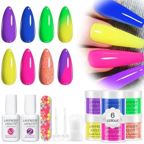 Produktbild: Lavender Violets 6 Farben Dip-Pulver-System Neon heiße Farbe French Nagelkunst Maniküre Dipping Powder Nagelpuder 2 in 1 Basis&Top Coat Aktivator Nagelfeile M205