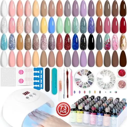 Produktbild: Lavender Violets 73 Pcs Gel Nagellack Set mit UV Lampe 54W, 45+4 Farben, Nail Primer,Base Coat,Matte & No Wipe Top Coat Maniküre Werkzeuge Strass Pailletten Pinzette Lack Gel Starterset Komplett LA07