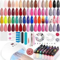 Produktbild: Lavender Violets 73 Stück Gel Nagellack Set mit 54W UV LED Lampe, 45+4 Farben Primer, Base, Matte & Top Coat Halb Durchsichtig Glitzer Glow in the Dark Strasssteine Pailletten Aufkleber Maniküre LA00