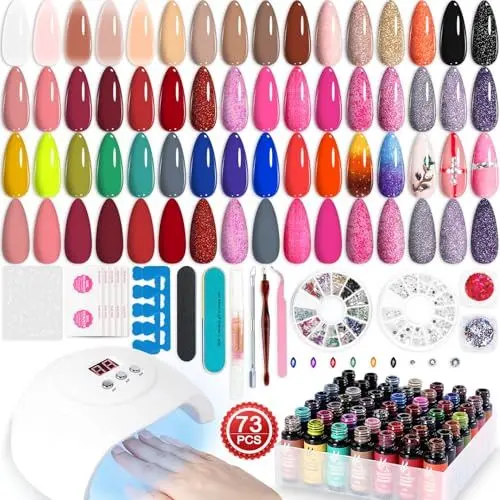 Produktbild: Lavender Violets 73 Stück Gel Nagellack Set mit 54W UV LED Lampe, 45+4 Farben Primer, Base, Matte & Top Coat Halb Durchsichtig Glitzer Glow in the Dark Strasssteine Pailletten Aufkleber Maniküre LA00