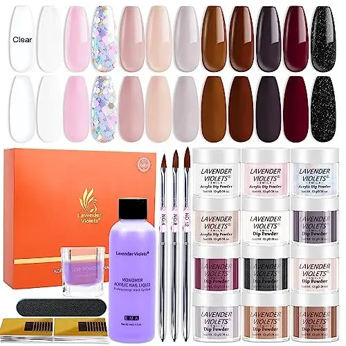 Produktbild: Lavender Violets Acryl Nagelset, Acrylpulver für Nägel und Liquid Set, mit 12 Farben Nude Braun Acrylic Powder und Monomer Polymer für 3D French Nail Manicure Extension Nail Carving, langlebige N960B