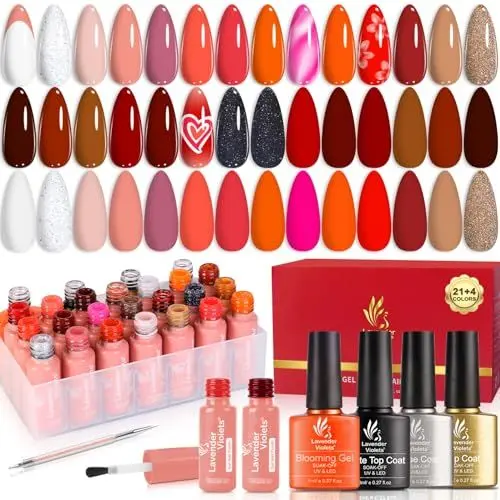 Produktbild: Lavender Violets 26-teilig UV-Gel-Nagellack-Set, Mit roten, orangen & goldenen, Grundierung, blühender Gel-Unterlack, glänzender und matter Überlack, Punkte-Design, Zeichnen mit Nagelpinsel C402