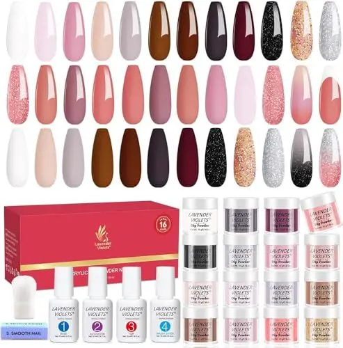 Produktbild: Lavender Violets Dip Pulver 20 Pcs Dipping Powder System French Nagel Starter Kit weiß rosa gold Splitter Acryl Puder Nail Farbe für Maniküre Nail Art mit Base & Top Coat, Aktivator Brush Saver M960