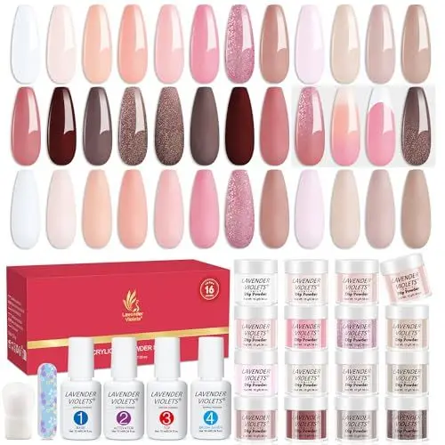 Produktbild: Lavender Violets Dip Pulver 20 Pcs Dipping Powder System Nagel French Farben Kit Acryl Puder Weiß Rosa Nude Durchsichtig für Maniküre Nail Art mit Base&Top Coat, Aktivator Brush Saver M962