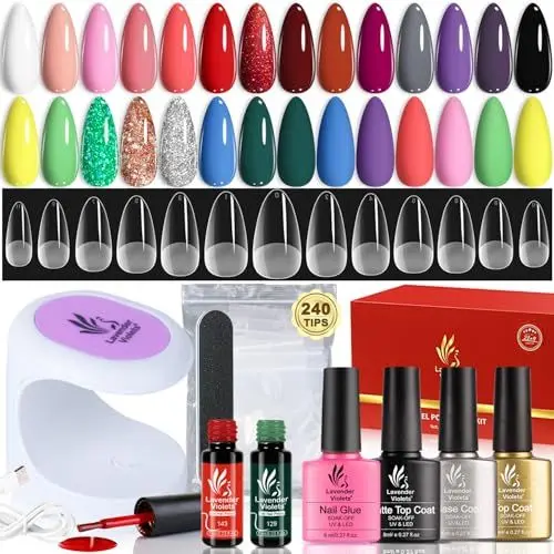 Produktbild: Lavender Violets Gel Nagellack Set mit UV Licht 21 Gel Farben USB LED Nagellampe Nagelverlängerung Press on Nail Glue 240 Acryl Full Cover Soft Tips, Base Coat, Glossy Top Coat, Matte Top Coat VC17