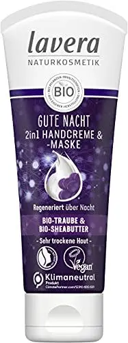 Produktbild: lavera Gute Nacht 2 in 1 Handcreme & -maske - mit Bio-Traube & Bio-Shea Butter - regeneriert über Nacht - reichhaltige & langanhaltende Pflege - Naturkosmetik - vegan - Bio (1 x 75 ml)
