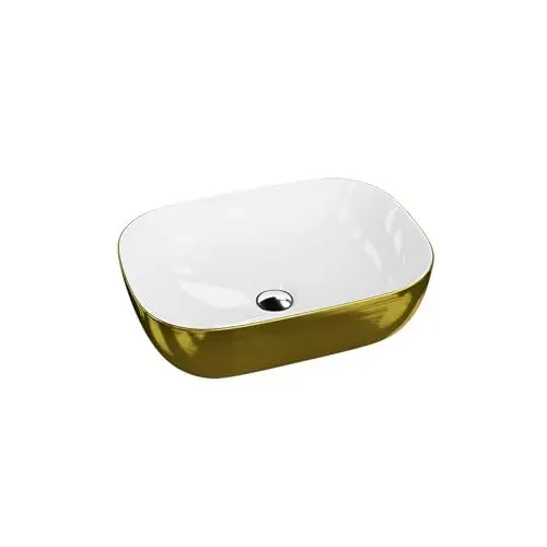 Produktbild: LAVITA Aufsatzwaschtisch Costa Brushed Gold Aufsatzwaschbecken Rechteckig Waschbecken ohne Überlauf und Hahnloch Aus hochwertigem Porzellan Waschtisch Badkeramik Waschplatz 46x32,5x13,5 cm Weiß/Gold