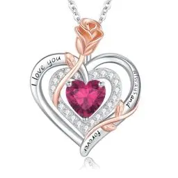 Produktbild: LAVUMO Halskette Damen Silber 925 Doppel Herz Rose Blume Kette Damen Geburtsstein Halsketten Muttertag Geburtstag Valentinstag Weihnachten Schmuck Geschenke Frauen Mama (Silber-Gravur-03-Mars)