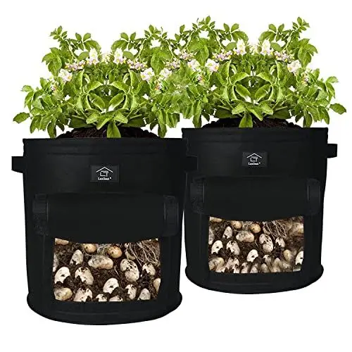 Produktbild: Laxllent Pflanzen Tasche,Kartoffel Pflanzsack,Dauerhaft Atmungsaktiv Beutel mit Fenster Klettverschluss Tragegriffen,Wiederverwendbar,im Garten,Balkon,Schwarz,33L(9Gal.),2er Pack
