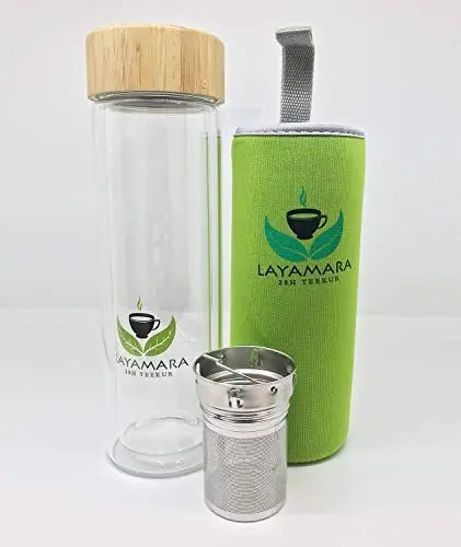 Produktbild: LAYAMARA Teeflasche mit Sieb, Trinkflasche für Tee, Wasser Glas Flasche doppelwandig, Edelstahl Teesieb, Bambus Deckel, 400ml