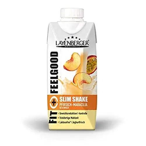 Produktbild: Layenberger Fit+Feelgood Slim Shake Pfirsich-Maracuja, Trinkfertige Mahlzeit zur Gewichtsabnahme und -kontrolle, ersetzt eine Mahlzeit bei nur 208 kcal, glutenfrei, laktosefrei, (8 x 330ml)