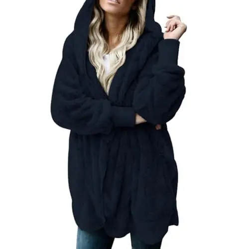 Produktbild: Lazzboy Fleecejacke Damen Lange Dicke Gefüttert Teddyfleece Jacke Mit Kapuze Teddyjacke Flauschig Plüschjacke Reißverschluss Und Taschen Kuscheljacke Winterjacke Cardigan Outwear (Schwarz,5XL)