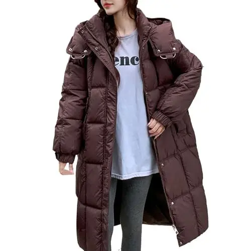 Produktbild: Lazzboy Jacke Damen Lange Winter Wintermäntel Lang Steppmantel Daunenmantel Warm Mantel Daunenjacke Steppjacke Mit Kapuze Und Reißverschluss Warmer Wasserdicht Winterjacke (Kaffee,M)