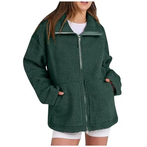 Produktbild: Lazzboy Winterjacke Damen Wintermäntel Warme Fleecejacke Mit Stehkragen Reißverschluss Flauschige Jacke Taschen Baggy Teddyjacke Dicke Freizeit Einfarbig Wintermantel Plüschjacke (Grün,M)
