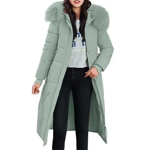 Produktbild: Lazzboy Winterjacke Damen Wintermantel Lang Mantel Warm Übergangsmantel Winter Parka Lange Oversize Daunenjacke Winddicht Wintercoat Down Steppmantel Großer Pelzkragen Jacket (Grün,L)