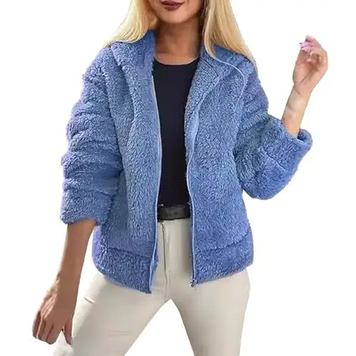 Produktbild: Lazzboy Wintermäntel Für Damen Fleecejacke Langärmelig Oberbekleidung Steppjacke Trachtenjacke Jacke Winter Longsleeve Tunika Langarm Pulli Zip Up Hoodiekleidung Weihnachten (Blau,M)