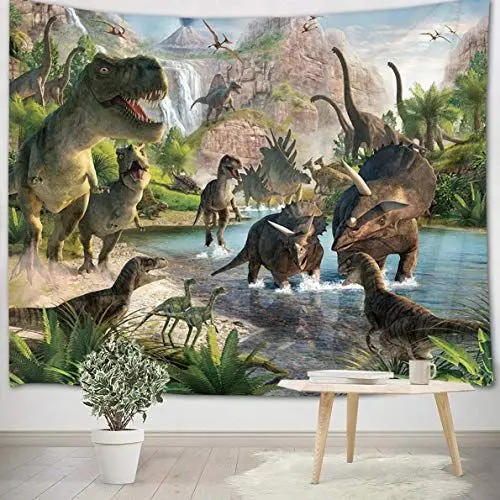 Produktbild: LB Dinosaurier Wandteppich Tiere Wandtuch Fluss Berge Wandbehang Grüner Wald Tapisserie für Wohnzimmer Schlafzimmer Wohnheim Wanddeko,150X100cm