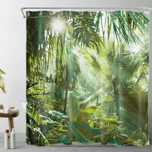Produktbild: LB Grüner Wald Duschvorhang 180x200cm(BxH) Tropische Palme im Dschungel Antischimmel Wasserdicht Badezimmer Vorhänge, Naturlandschaft Extra Lange Polyester Stoff Bad Vorhang mit Haken
