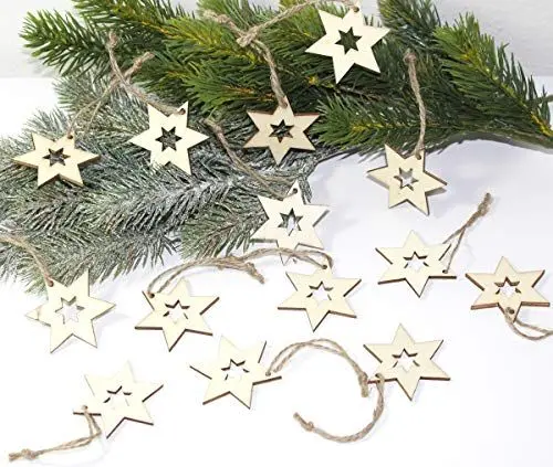Produktbild: LB H&F 14 x Weihnachts-ANHÄNGER Set Holz-Sterne Weihnachtssterne Christbaumanhänger Holz Christbaumschmuck Sterne natürlich DY (J)